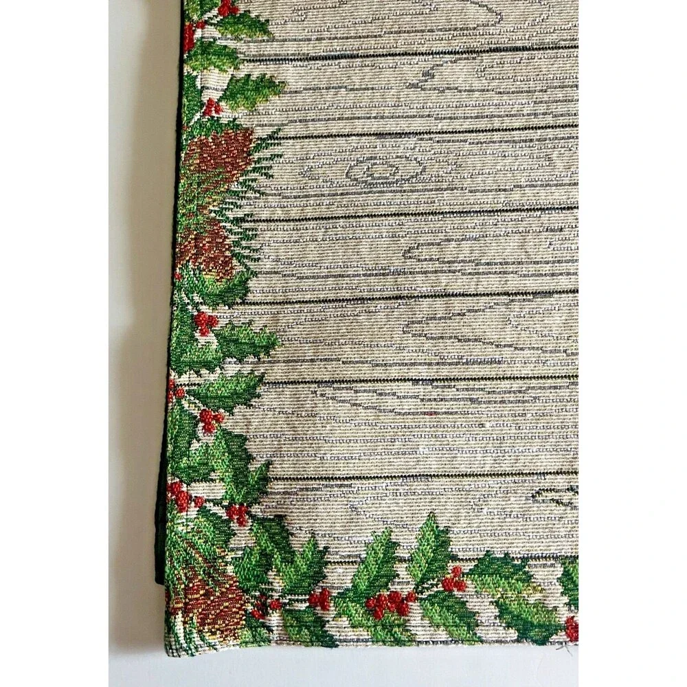 Christmas Holly Berries Table Runner Embroidered Tapestry Pinecone Rustic 13x72